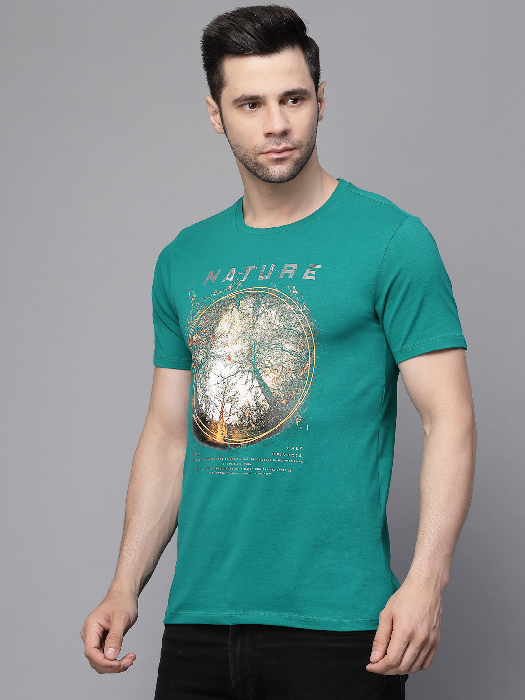 Mens Green Round Neck Printed T-Shirt