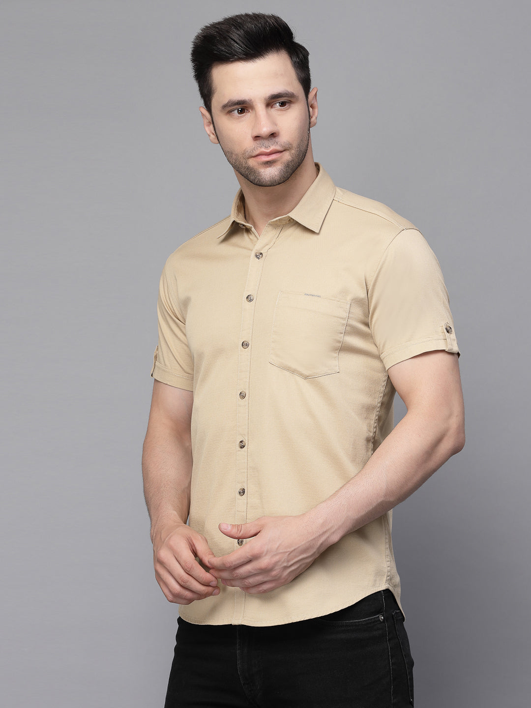 Mens Khaki Collar Neck Solid Shirt - Global Republic