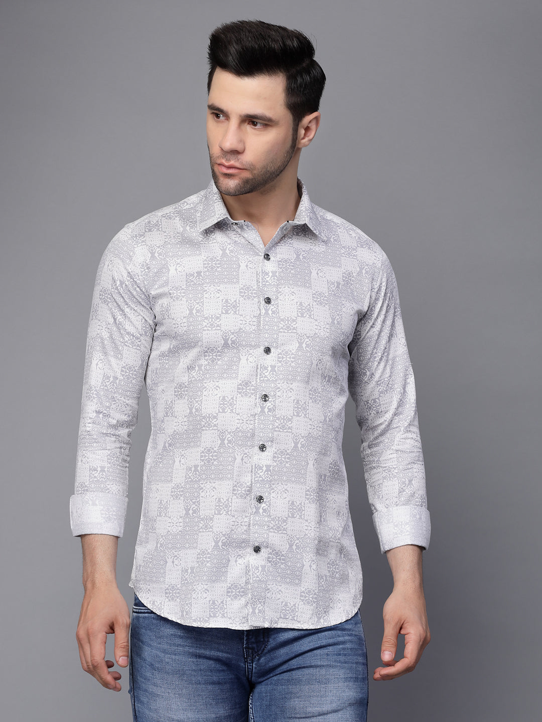 Mens Grey Printed Collar Neck Casual Shirt - Global Republic