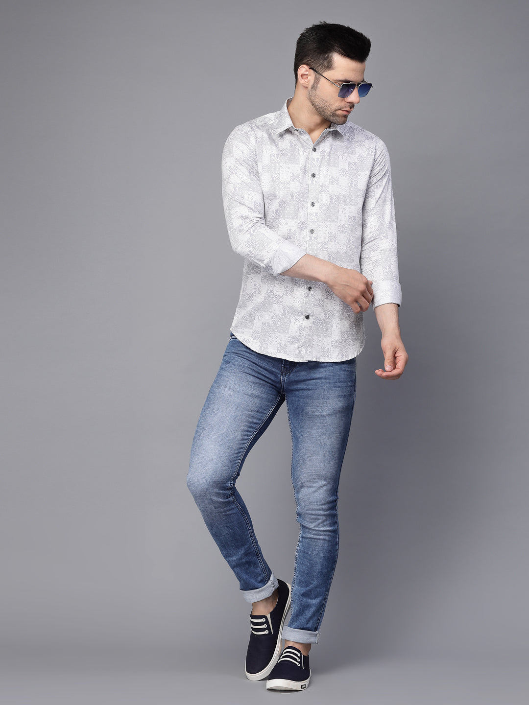 Mens Grey Printed Collar Neck Casual Shirt - Global Republic