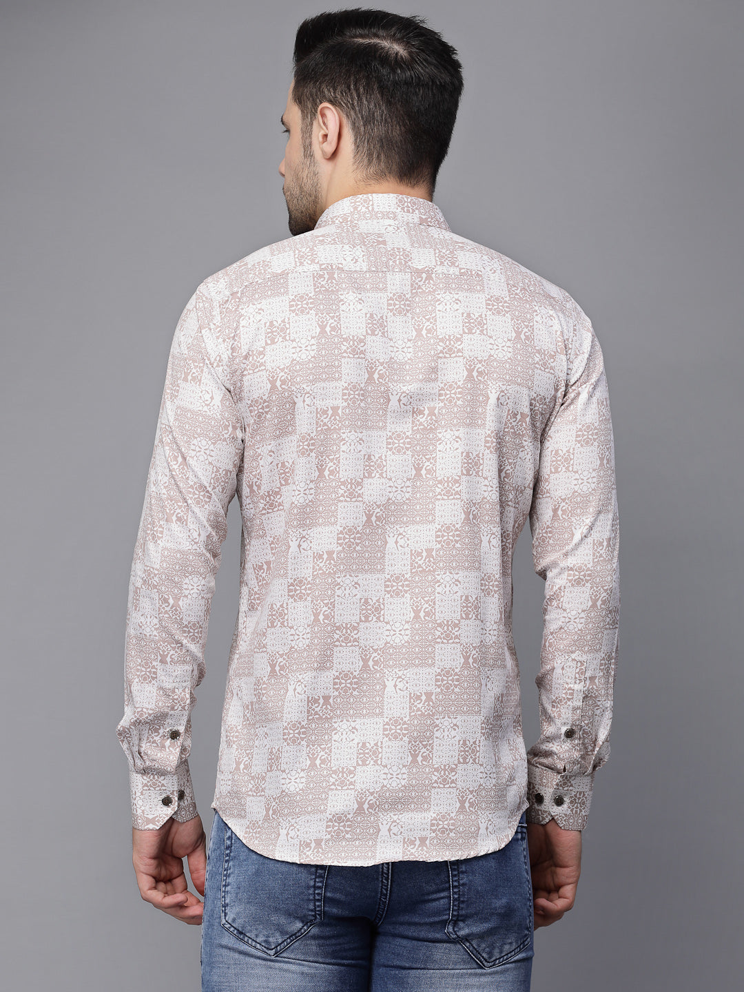 Mens Beige Collar Neck Printed Shirt - Global Republic