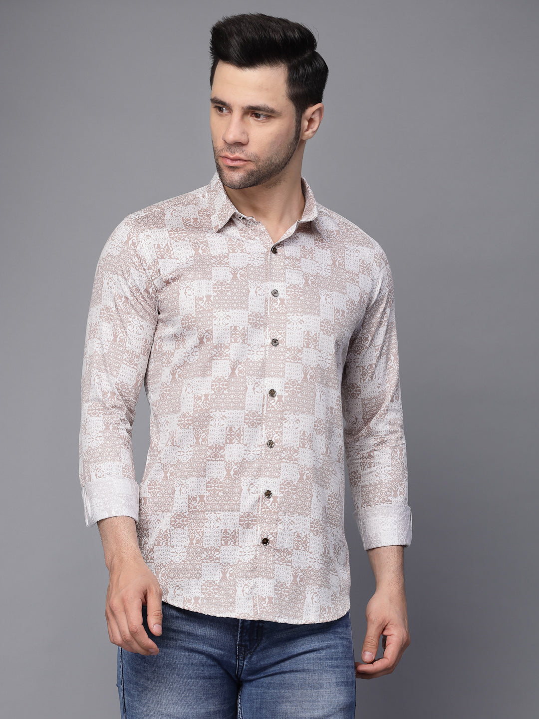Mens Beige Collar Neck Printed Shirt - Global Republic