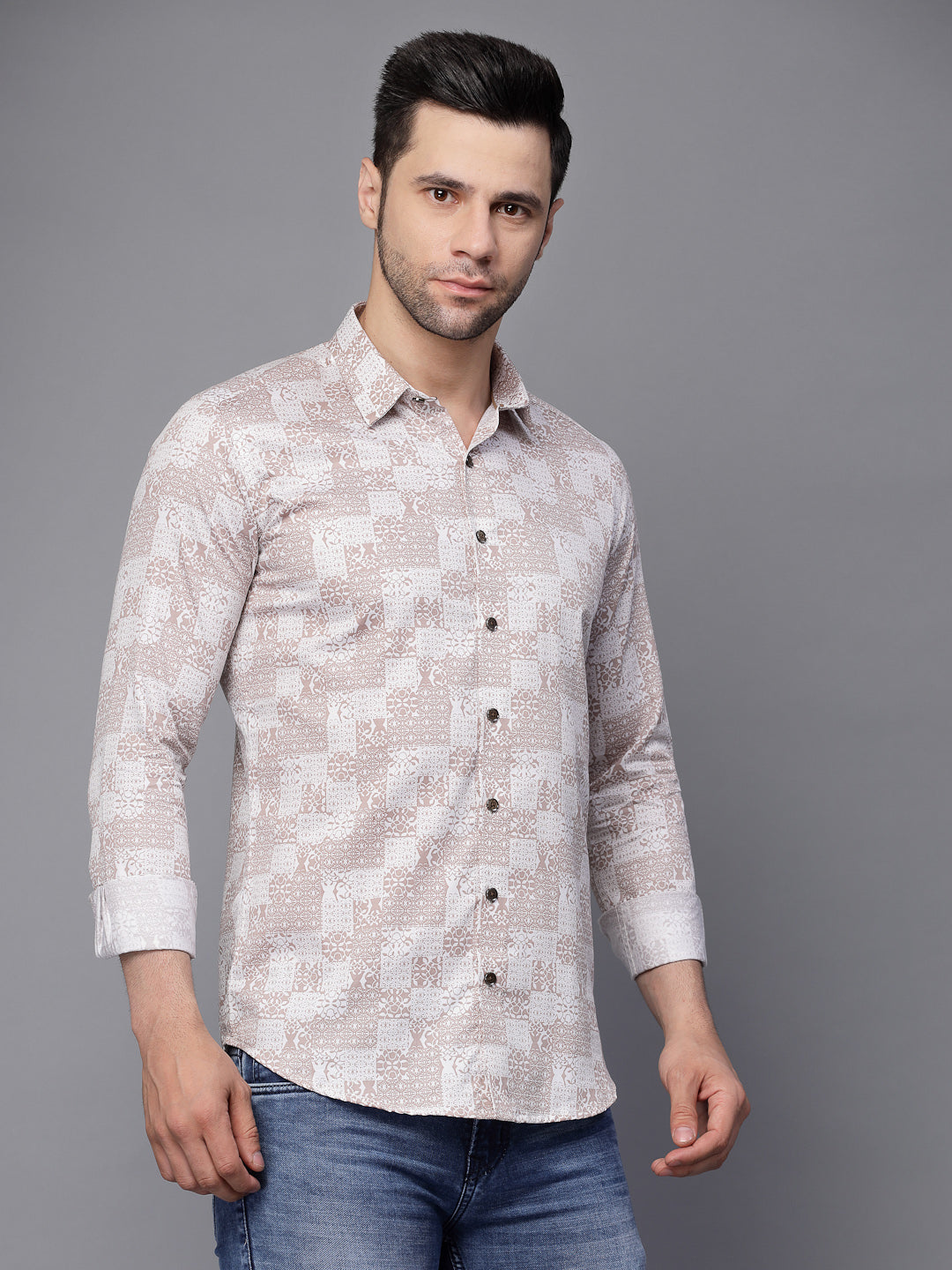 Mens Beige Collar Neck Printed Shirt - Global Republic