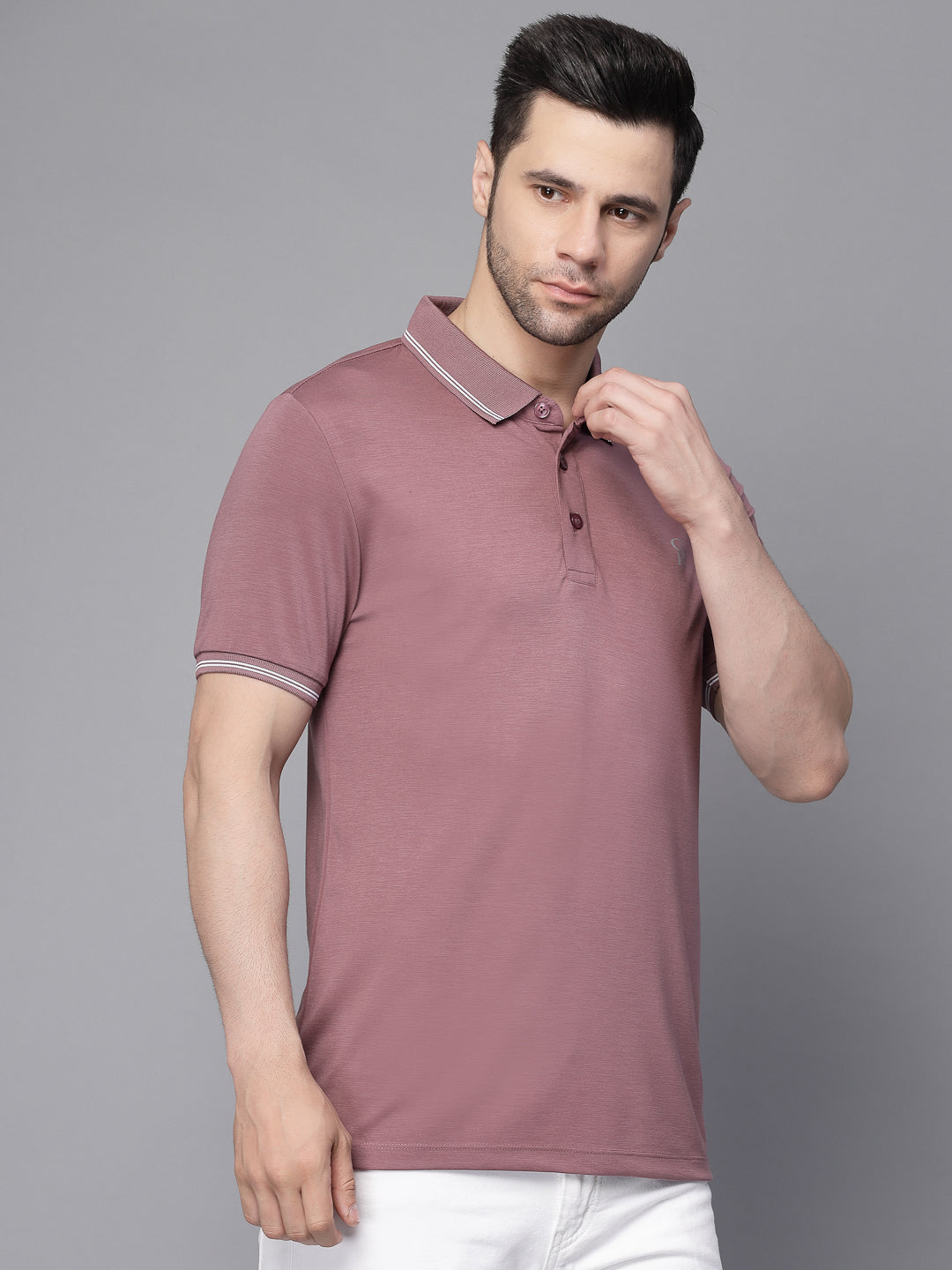 Mens Lavender Collar Neck Solid T-Shirt