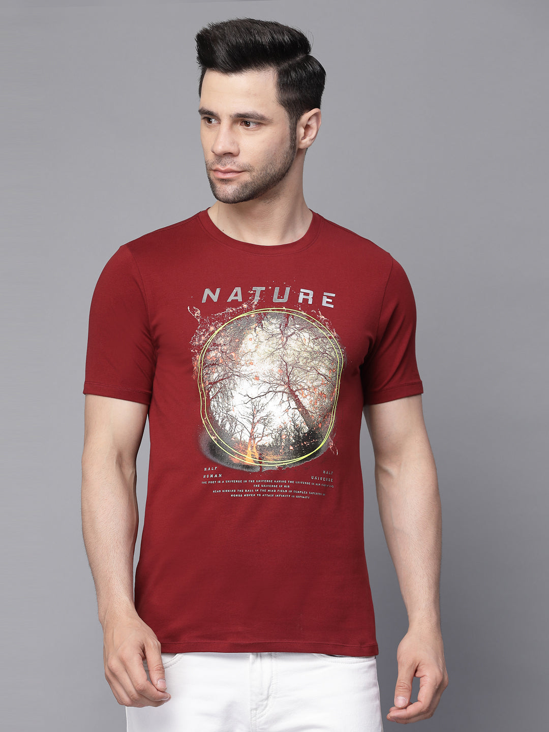 Mens Maroon Round Neck Printed T-Shirt