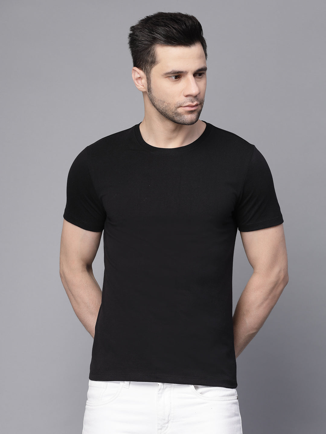 Mens Black Round Neck Solid T-Shirt