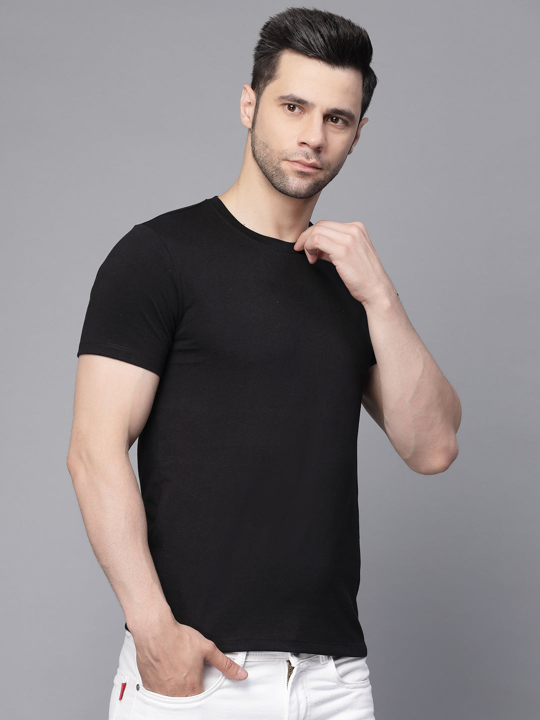 Mens Black Round Neck Solid T-Shirt