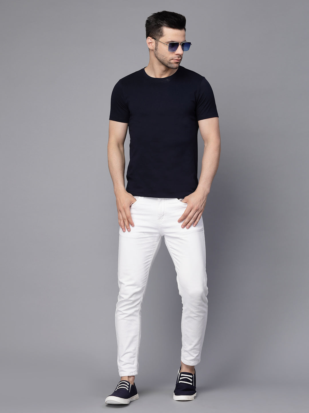 Mens Navy Blue Round Neck Solid T-Shirt