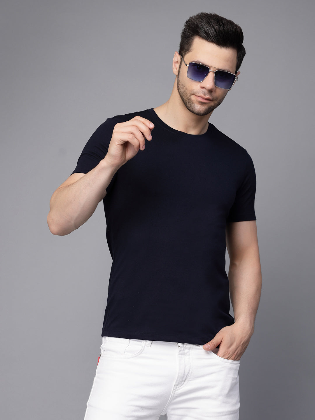 Mens Navy Blue Round Neck Solid T-Shirt