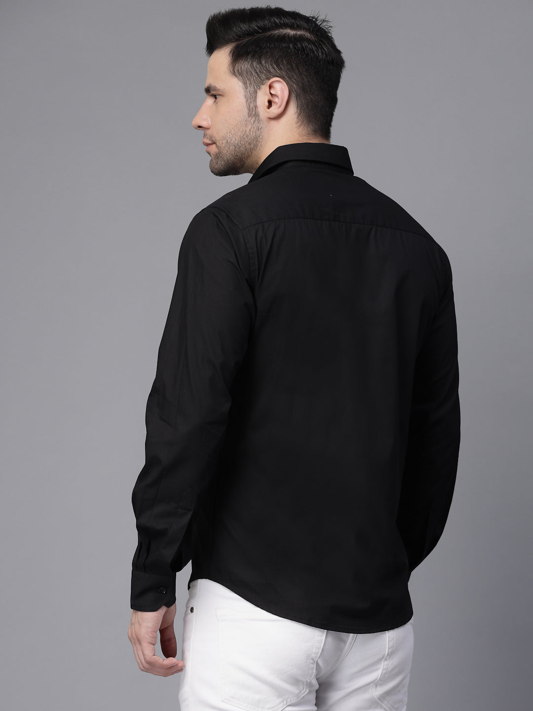 Mens Black Collar Neck Solid Regular Casual Shirt - Global Republic
