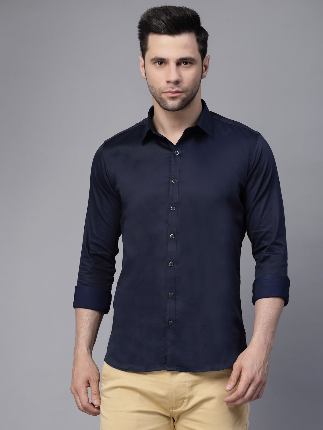 Mens Navy Blue Collar Neck Solid Shirt - Global Republic