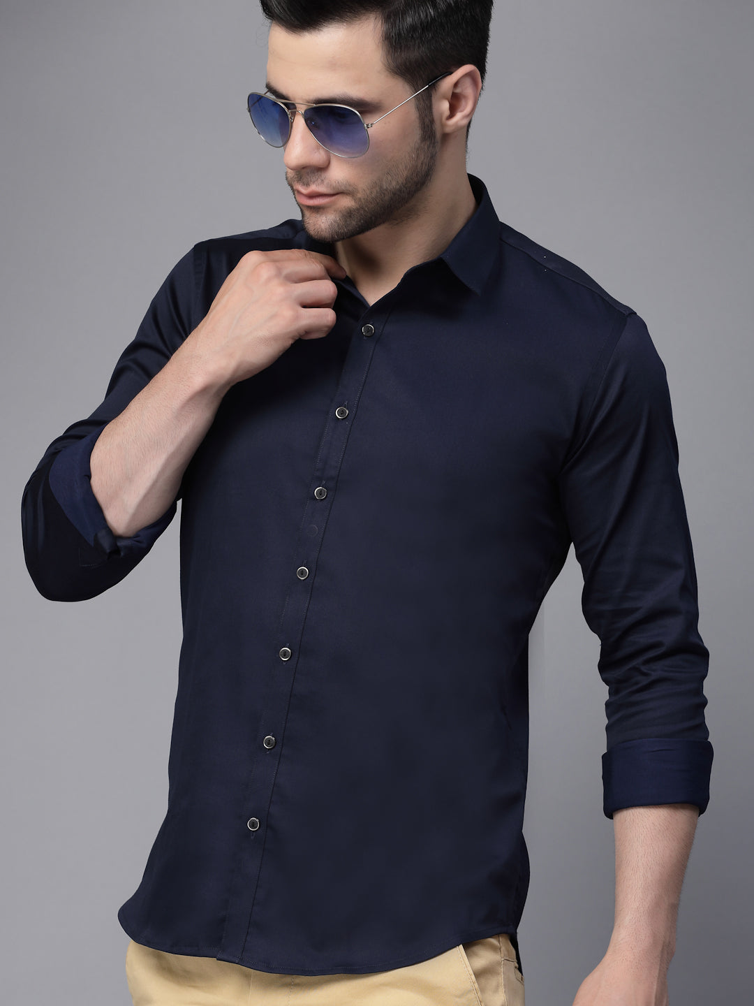 Mens Navy Blue Collar Neck Solid Shirt - Global Republic