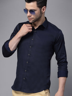 Mens Navy Blue Collar Neck Solid Shirt