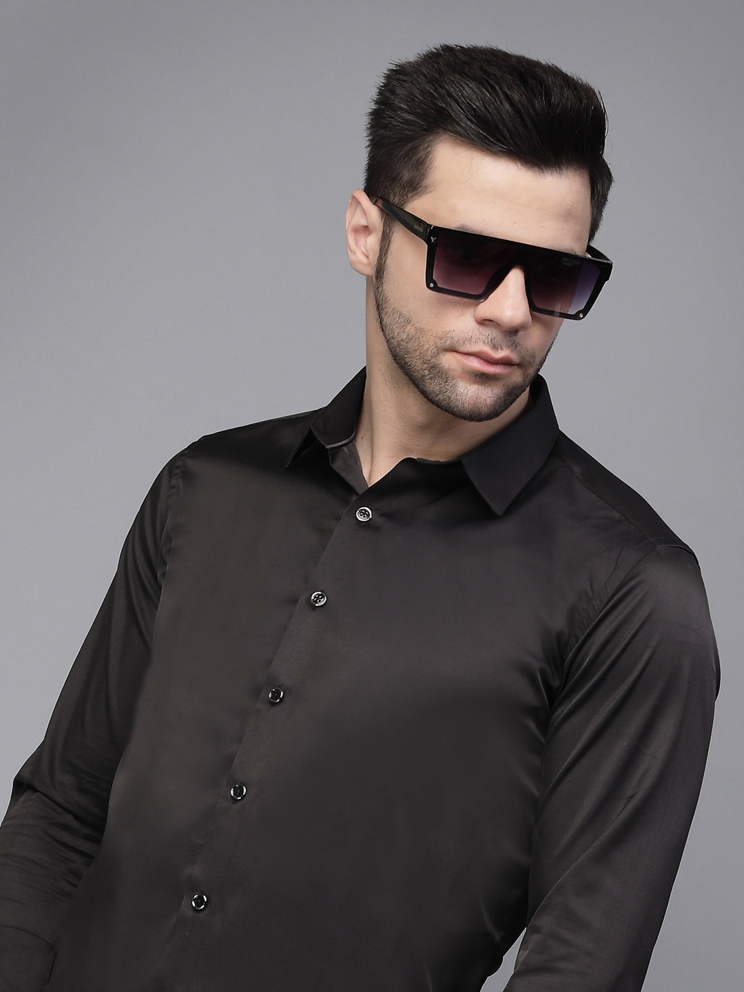 Mens Black Full Sleeve Plain Casual Shirt - Global Republic