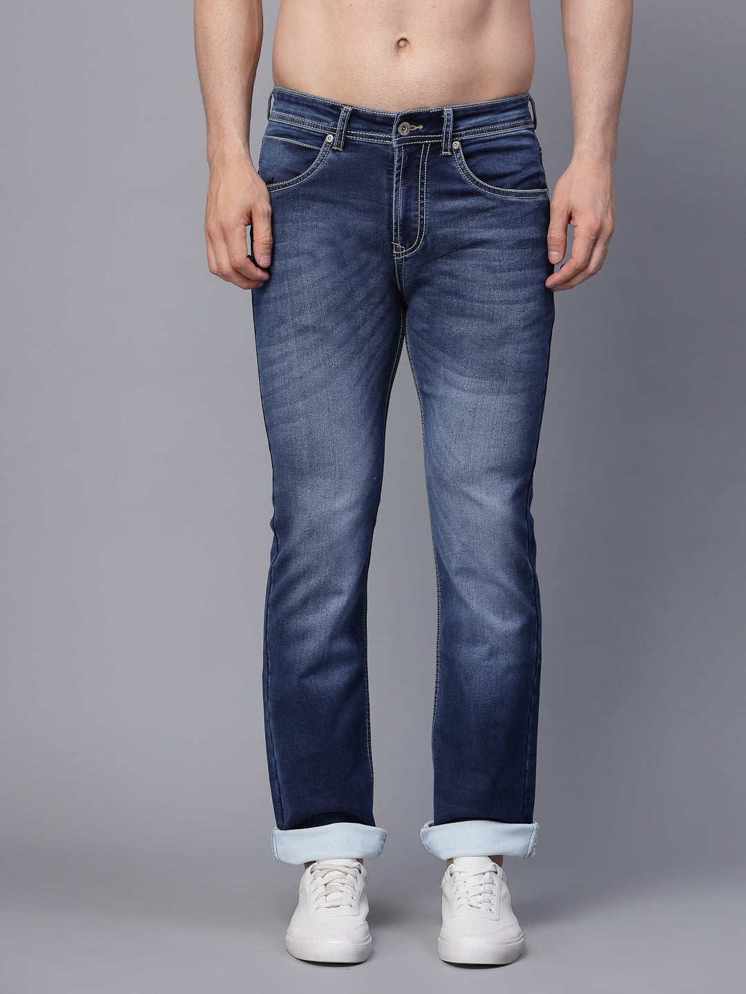 Mens Blue Cotton Blend  Solid Cuffing Full Length Jeans - Global Republic