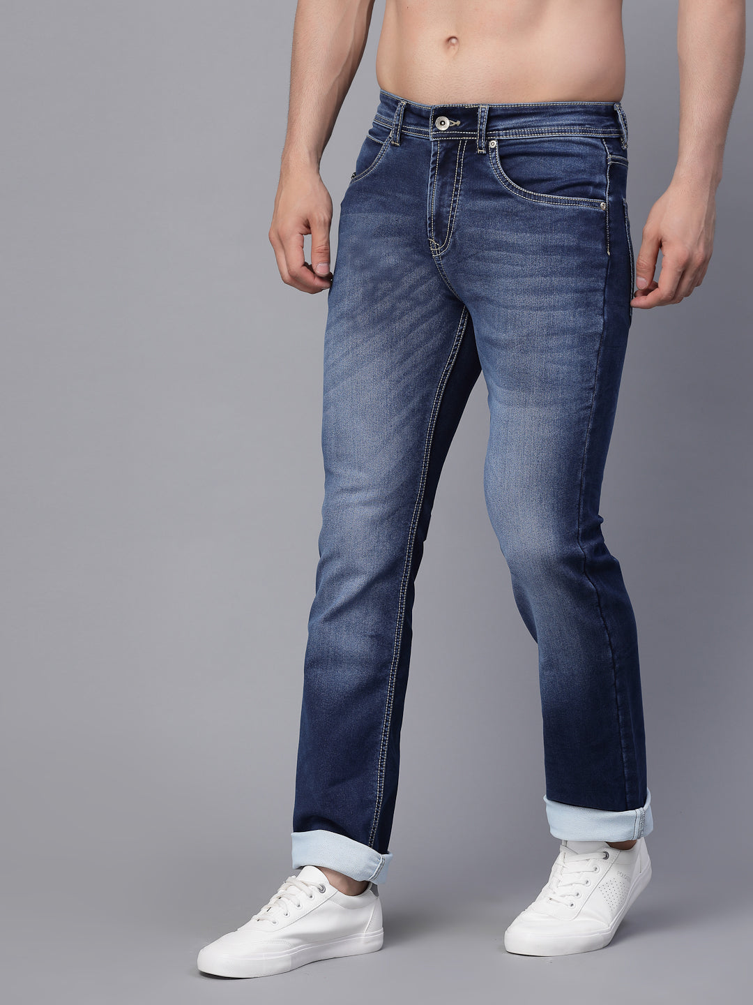 Mens Blue Cotton Solid Cuffing Jeans