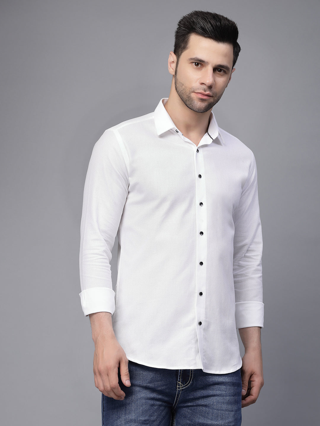 Mens White Full Sleeve  Collar Neck Solid Shirt - Global Republic