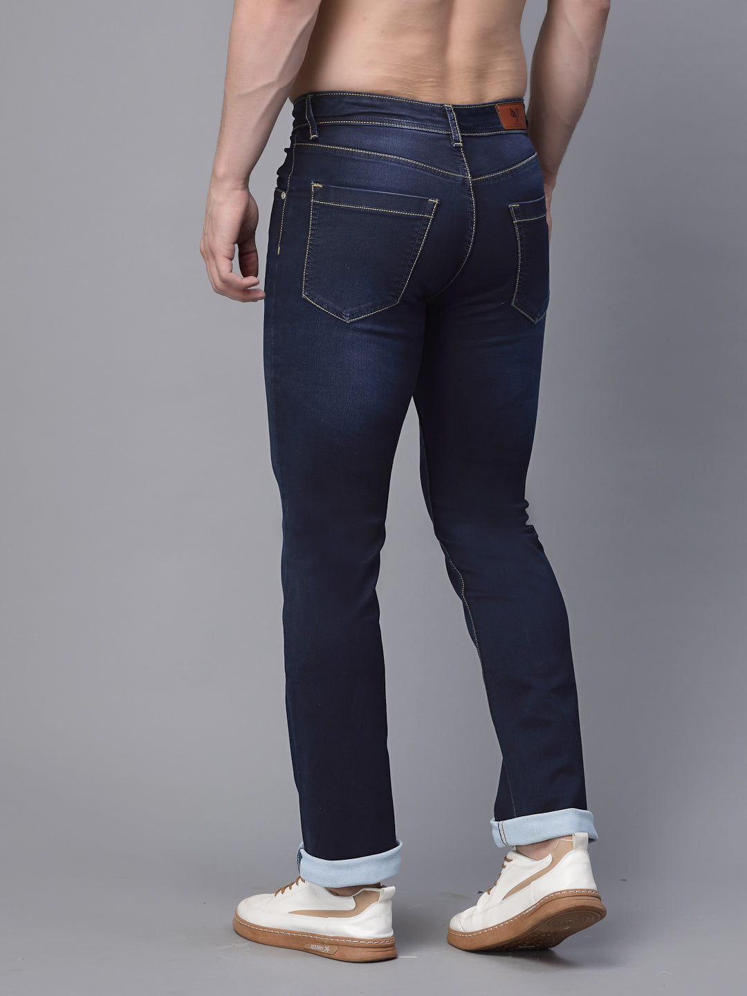 Mens Blue Cotton Solid Rolling up Jeans