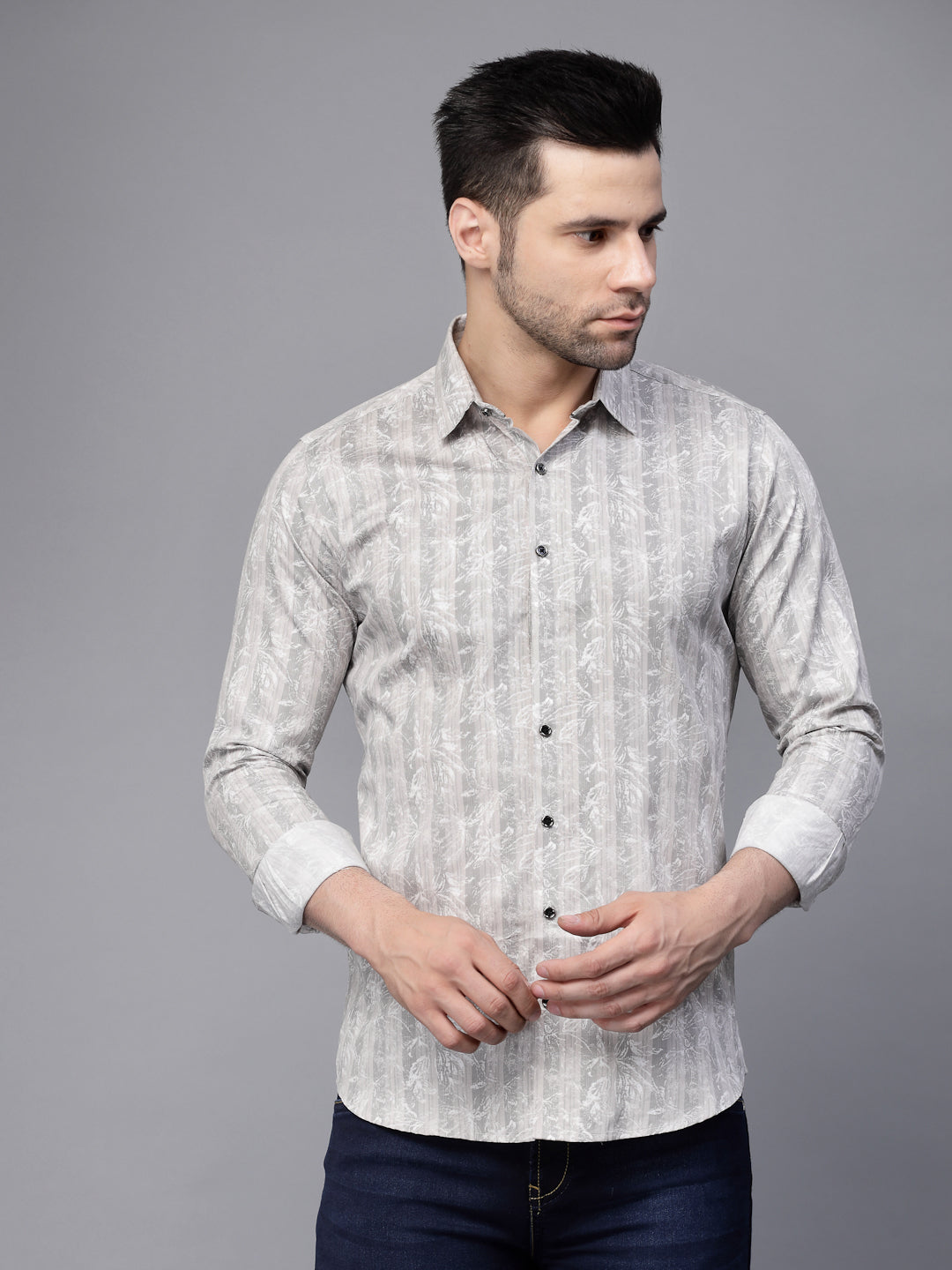 Mens Grey Striped  Full Sleeve Regular Fit Shirt - Global Republic