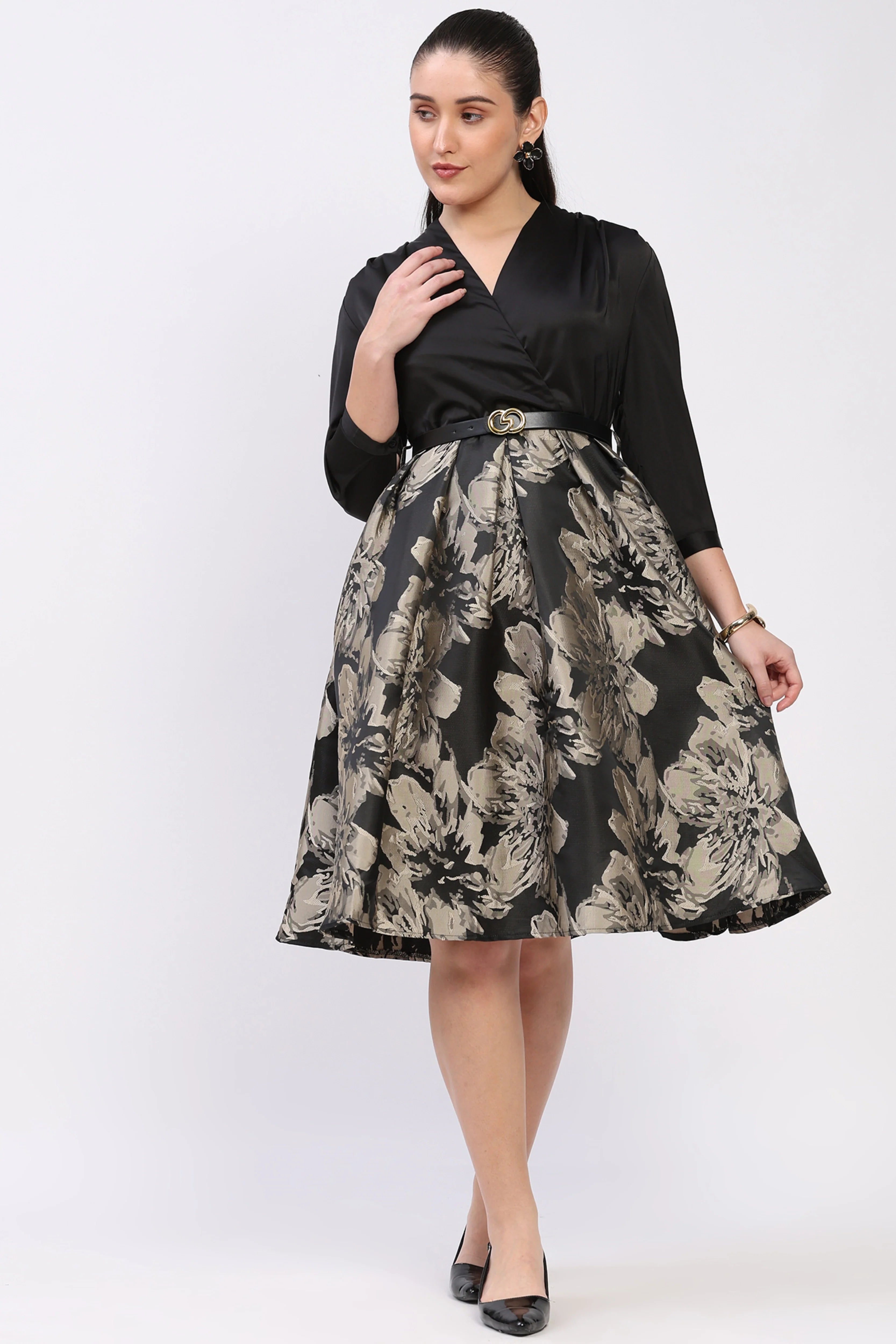 Black & Red Satin Fit & Flare Dress-Global Republic