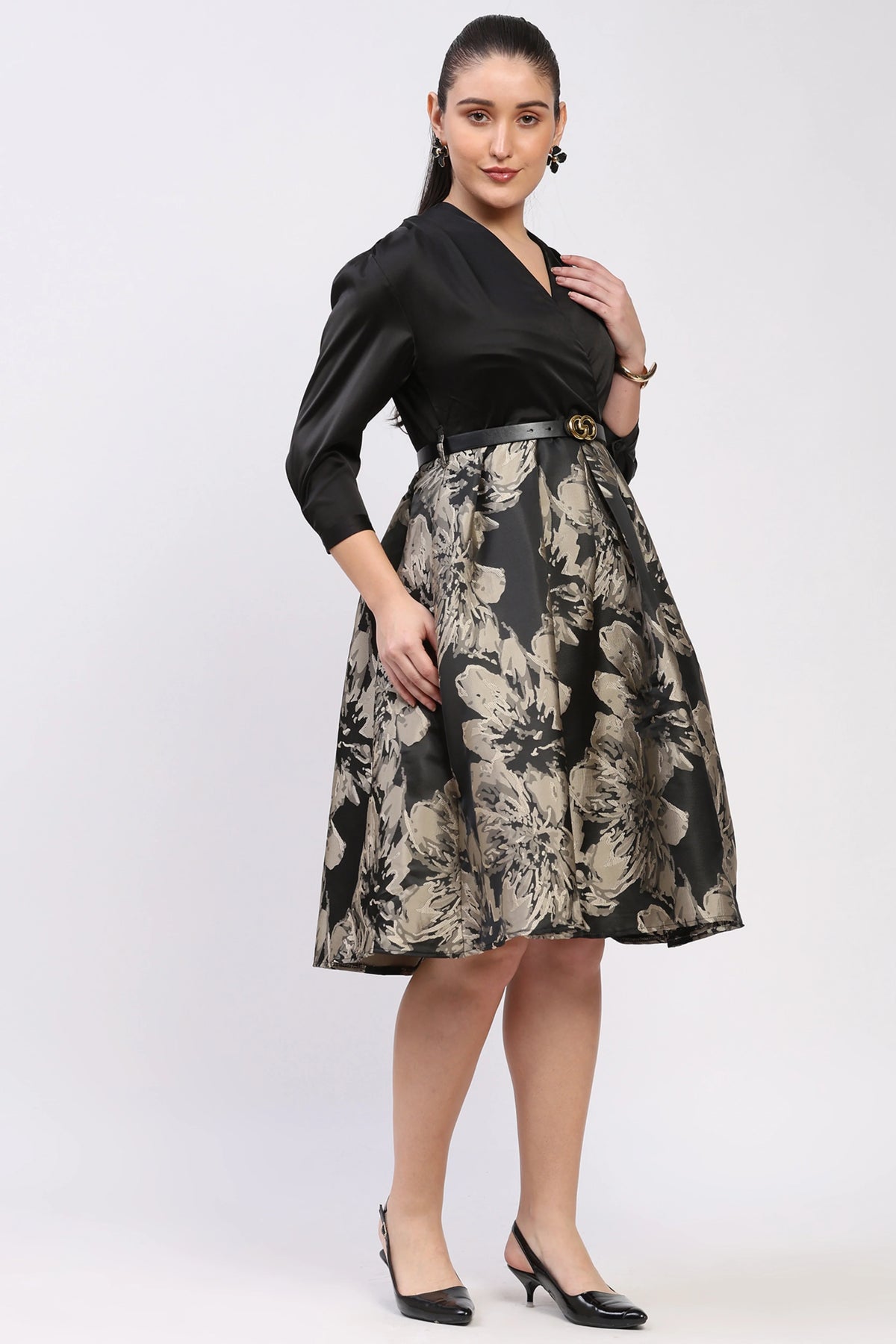 Black & Red Satin Fit & Flare Dress-Global Republic