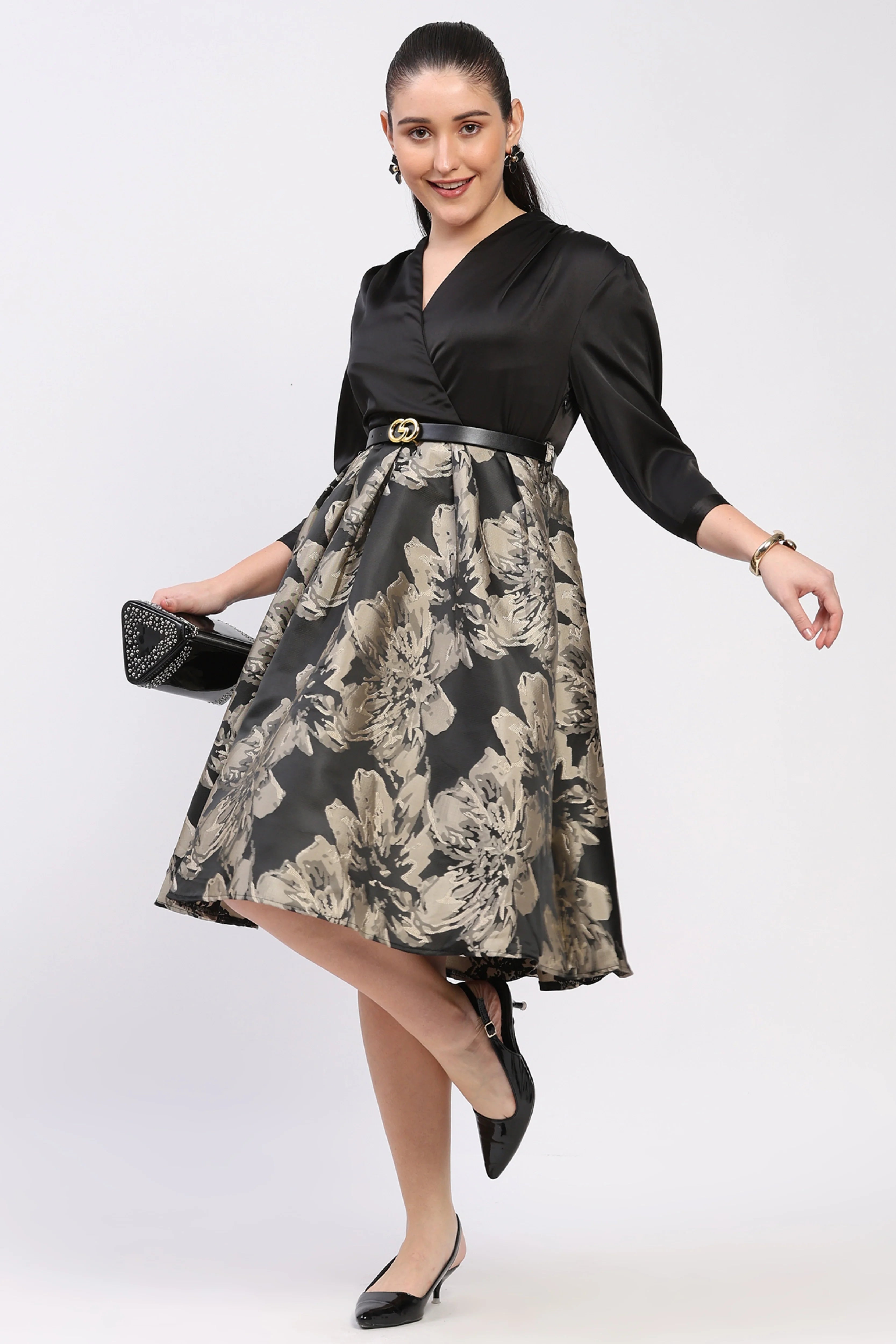 Black & Red Satin Fit & Flare Dress-Global Republic
