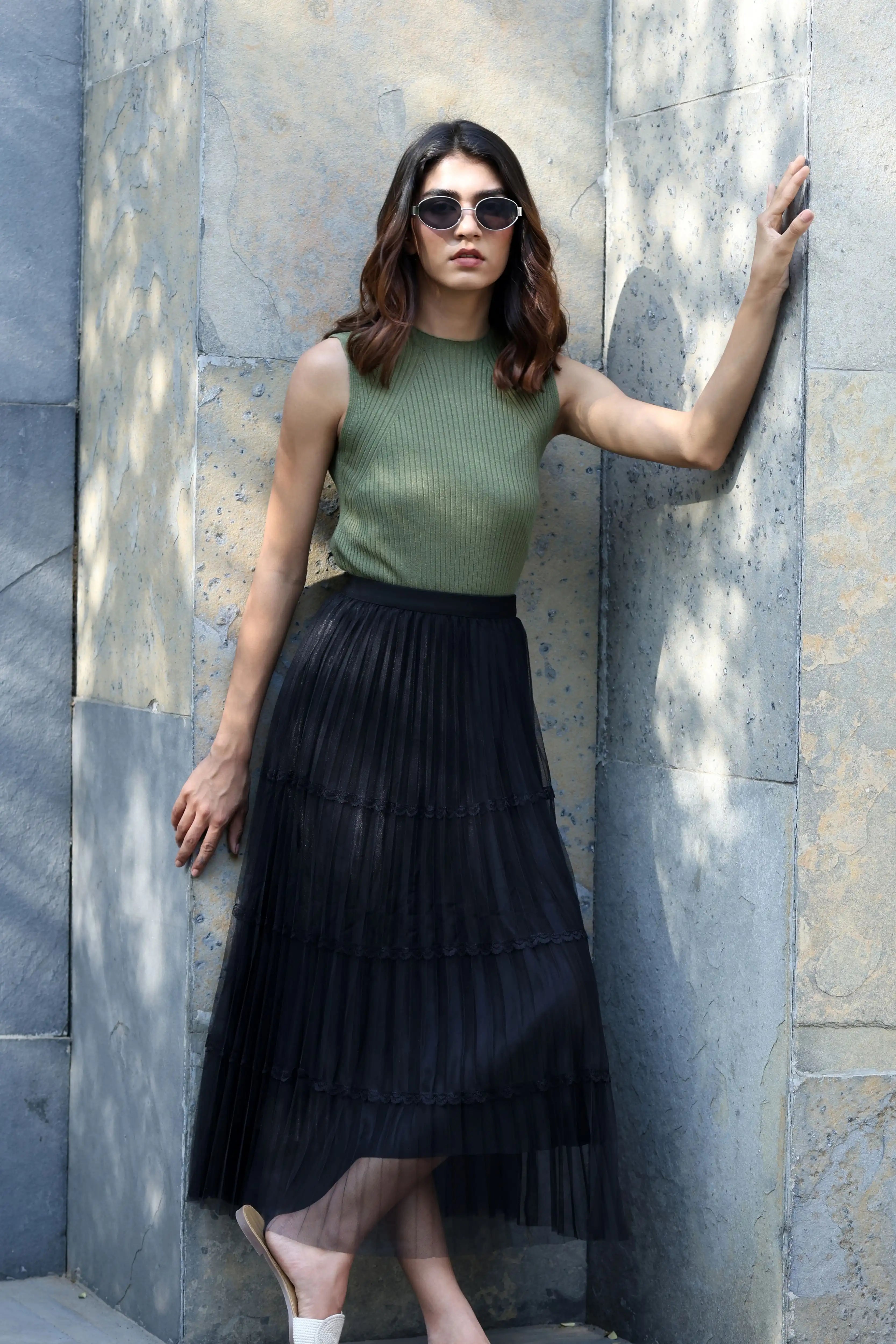 Black Pleated Net Skirt - Global Republic