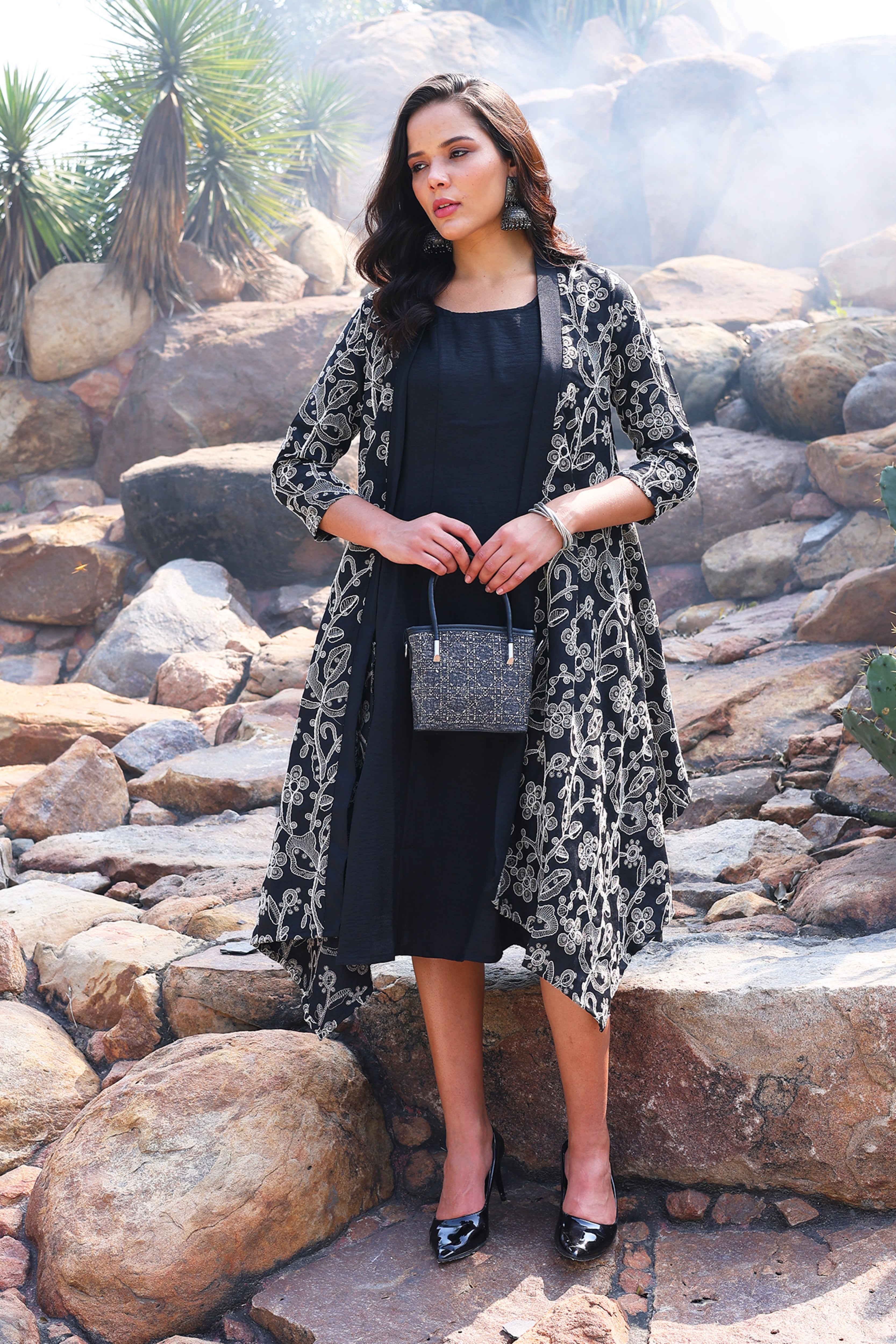 Black Embroidered Kurta with Shrug Set