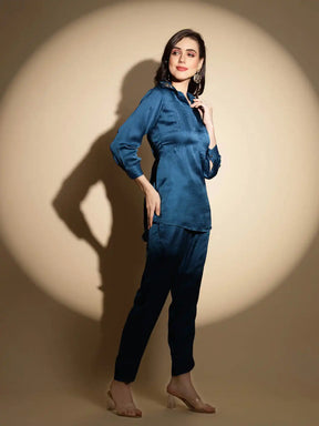 Teal Embroidered Three Quarter Sleeves Collar Neck Tunic Set