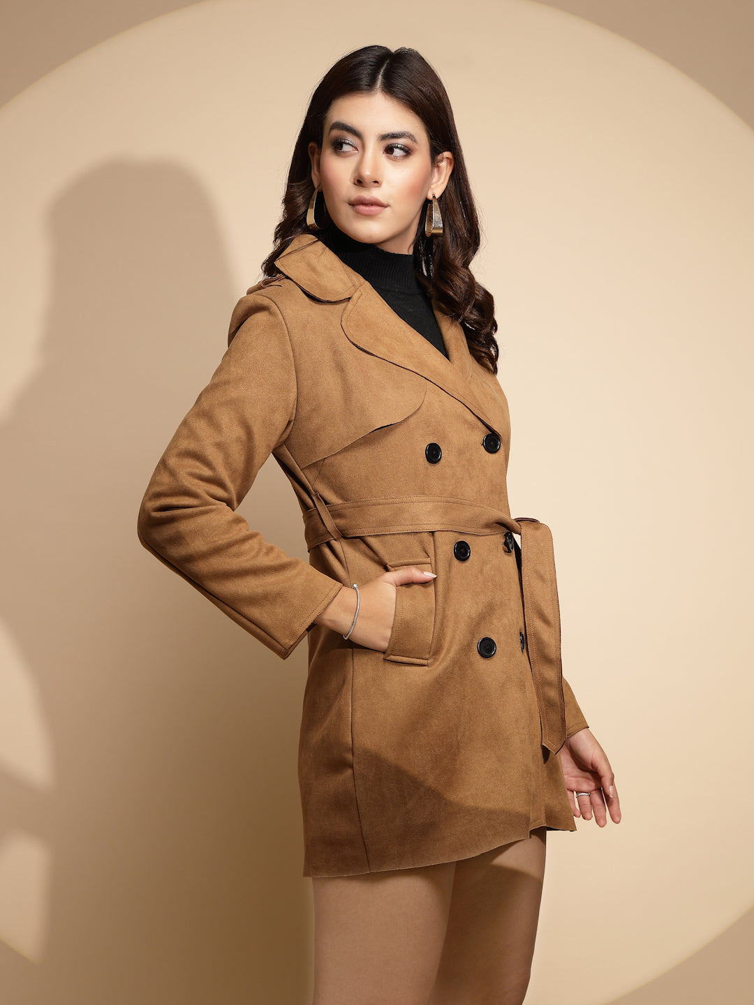 Women Brown Solid Collared Neck Full Sleeve Wool Blend Coat