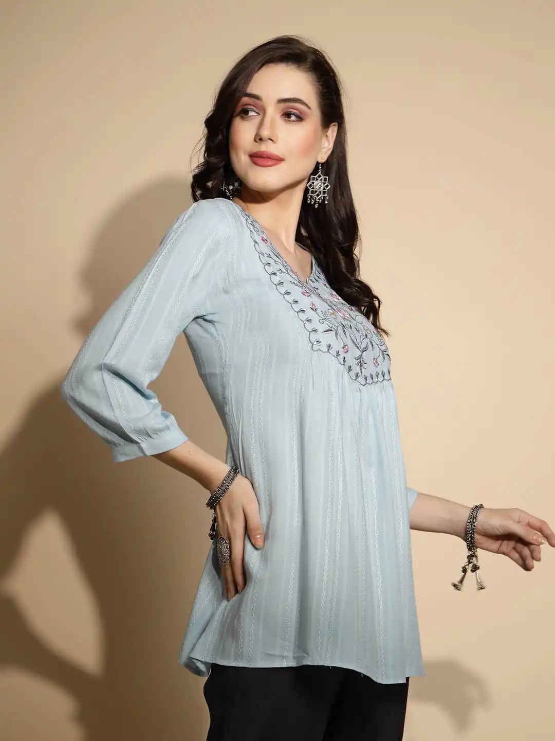 Grey Embroidered Three Quarter Sleeves V-Neck Cotton Blend Tunic - Global Republic