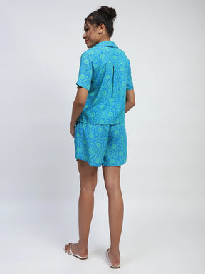 Blue Rayon Floral Print Nightsuit