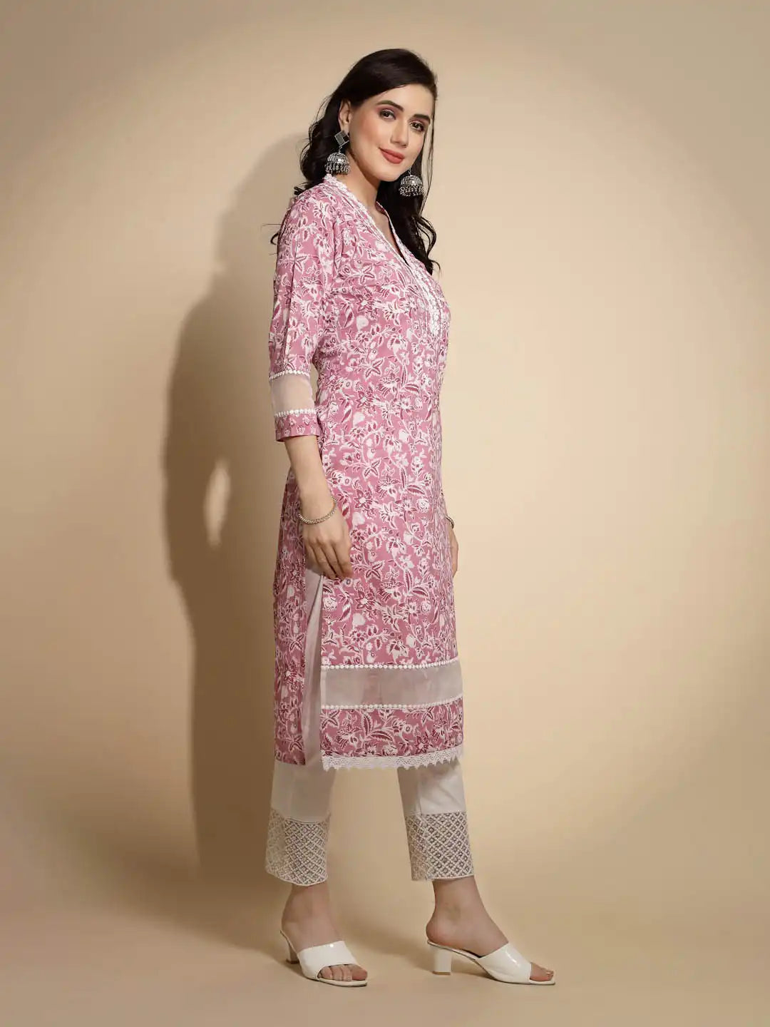 Pastel Pink Floral Prints Three Quarter Sleeves V Neck Cotton Blend Kurta - Global Republic