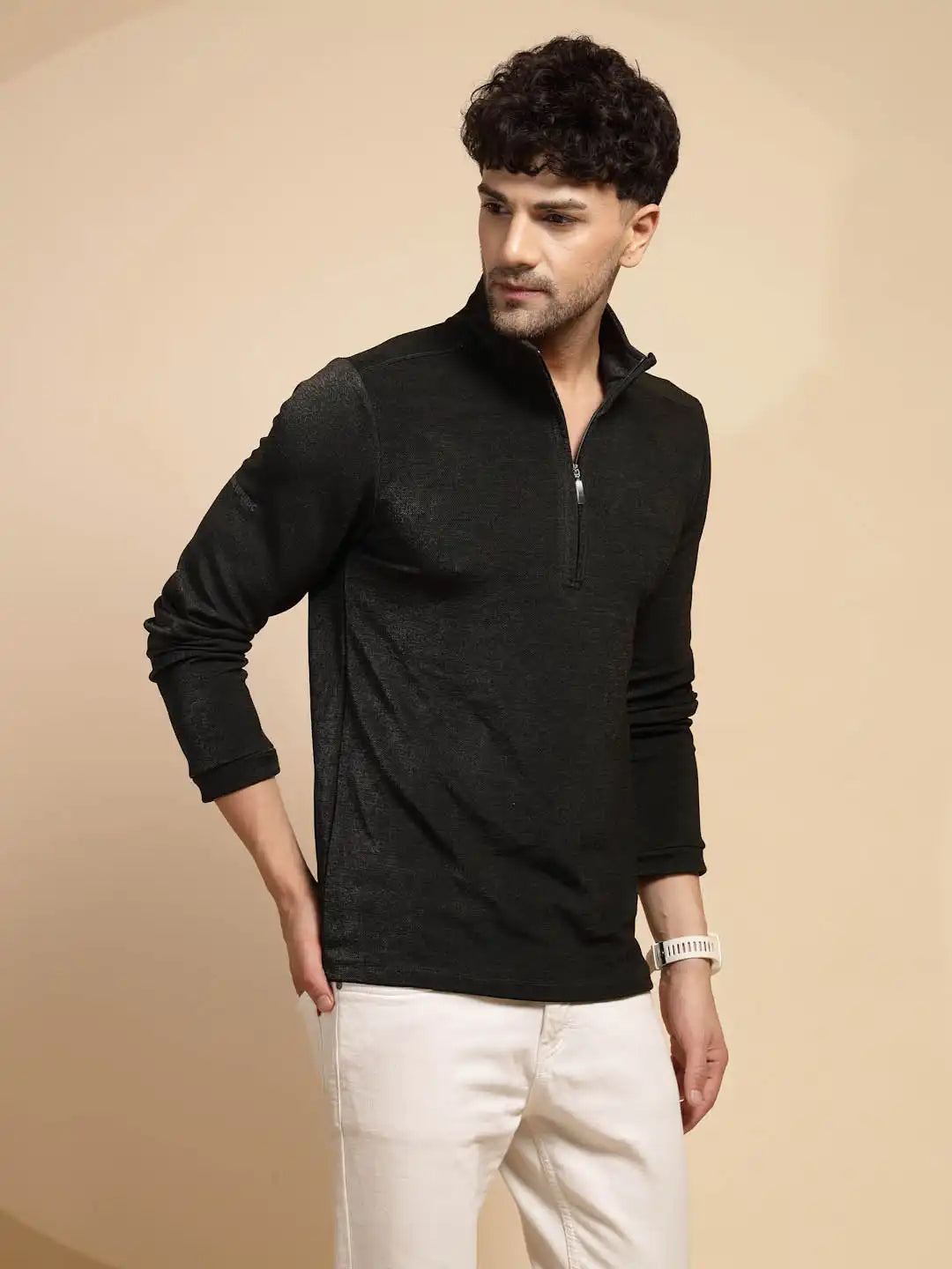 Black Solid Full Sleeve Collared Neck Polyester T-Shirt