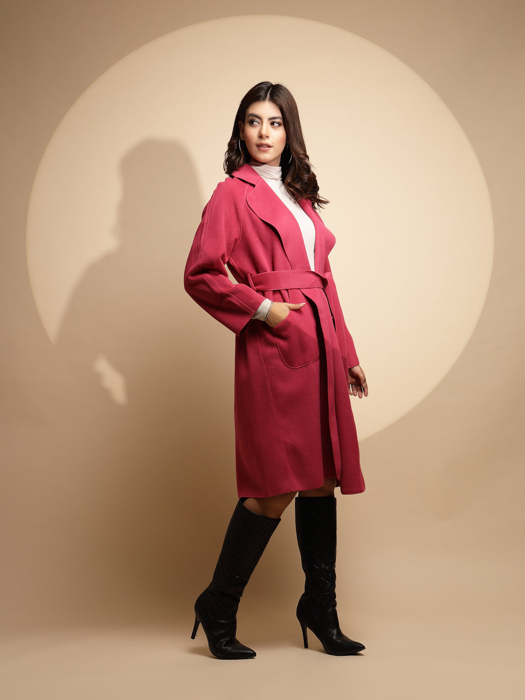 Women Pink Solid Collared Neck Full Sleeve Suede Long Wrap Coat - Global Republic