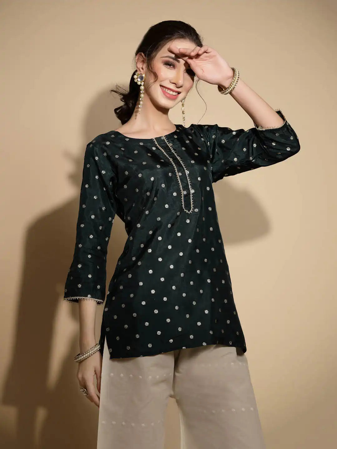 Green Embroidered Three Quarter Sleeves Round Neck Satin Tunic