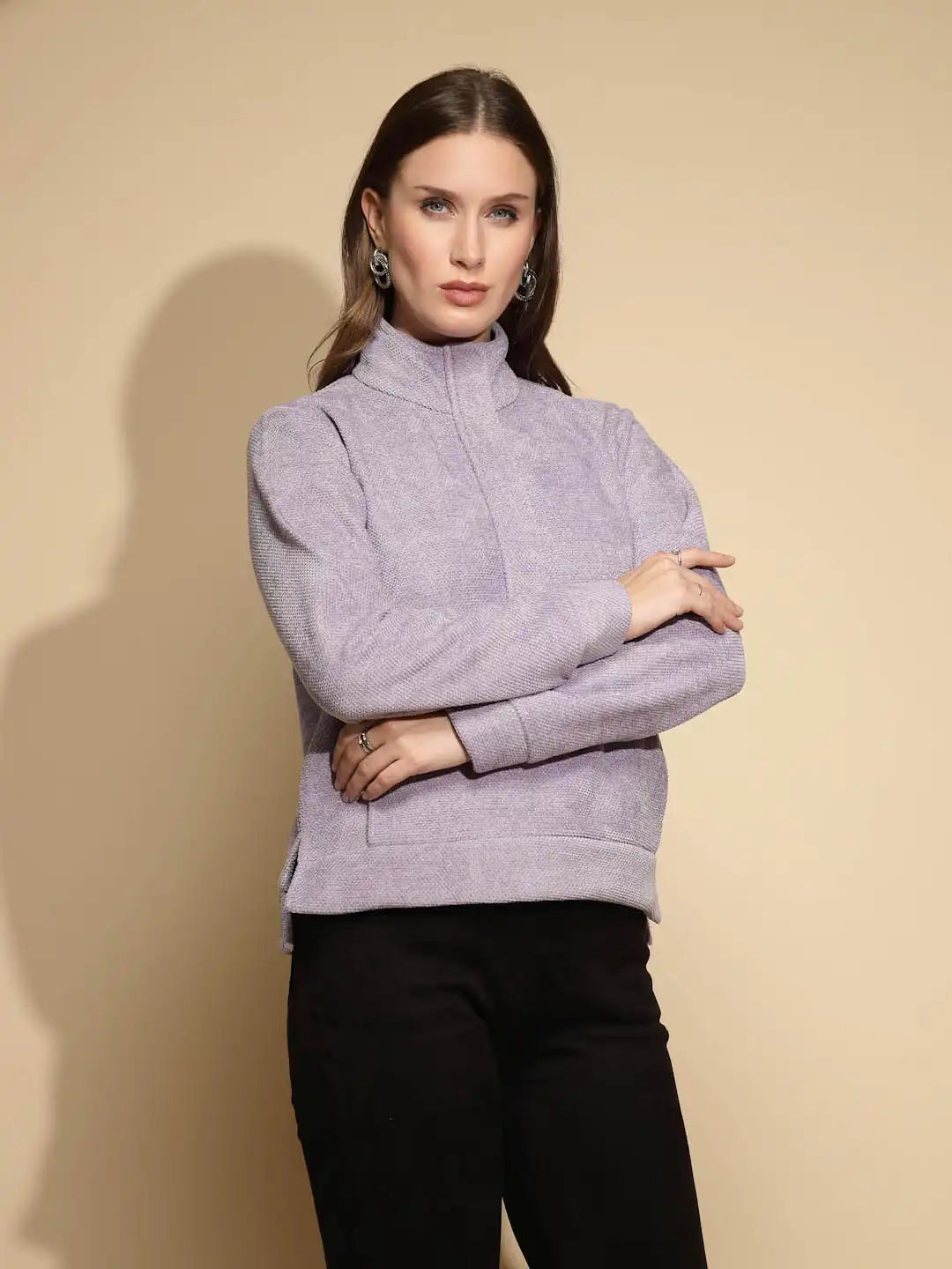 Lilac Solid Full Sleeve Turtle Neck Fleece Sweatshirt