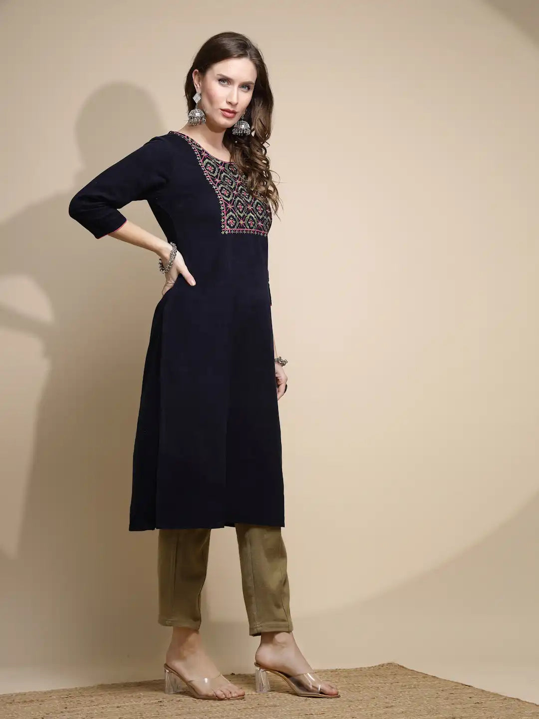 Women Blue Embellished Kurta Round Neck Corduroy With Three Quarter Sleeve