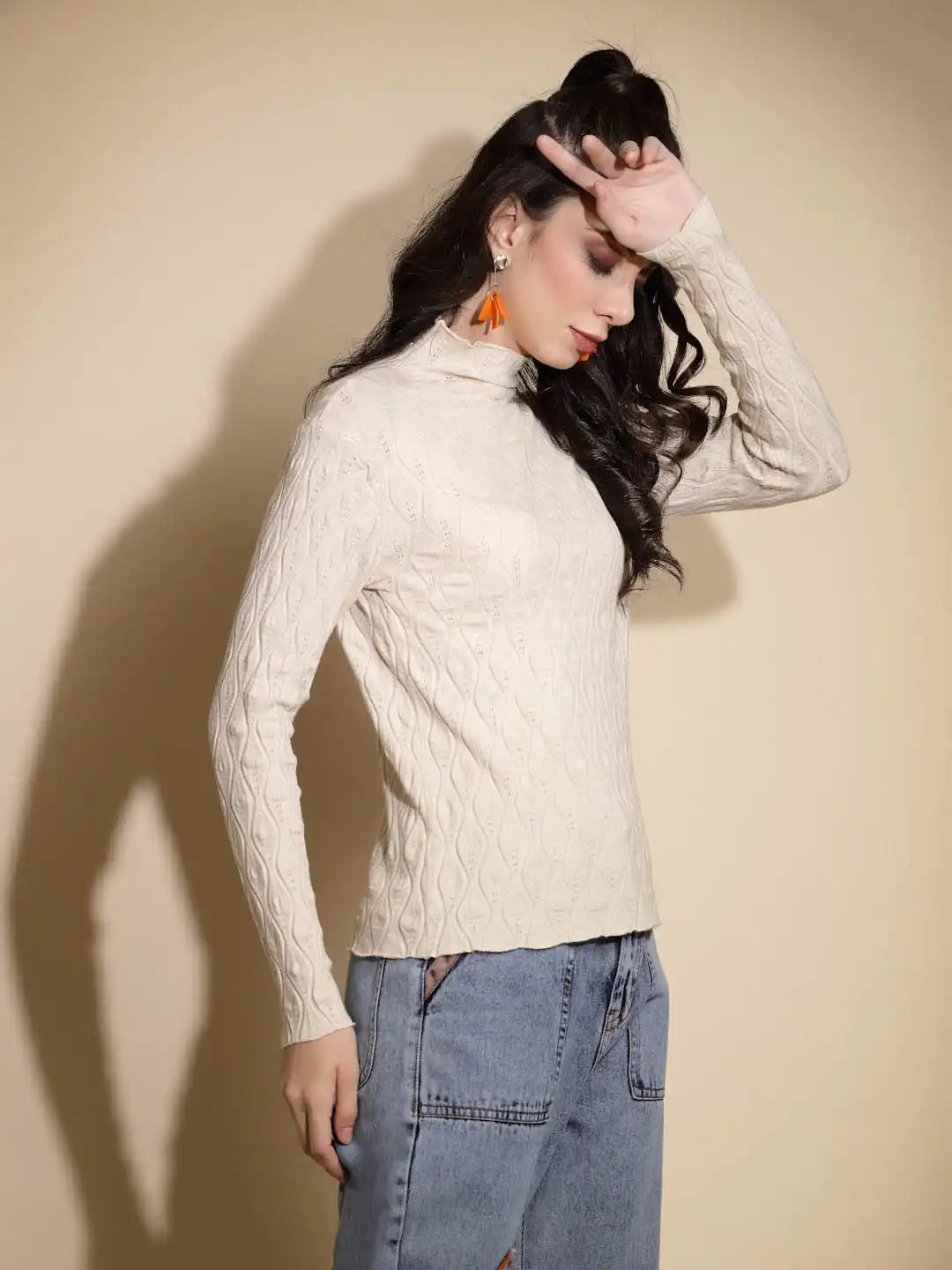Beige Textured Turtle Neck Pullover