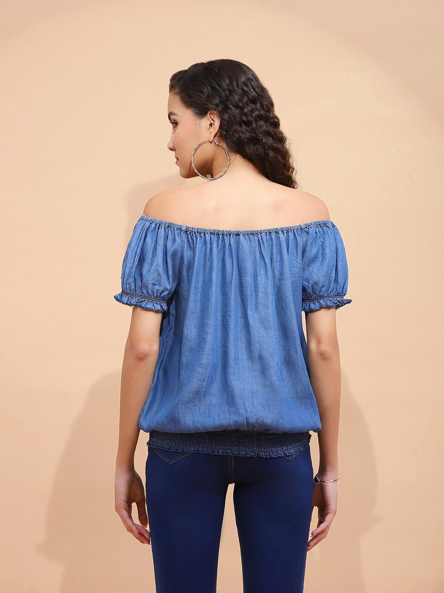 Blue Cotton Off-Shoulder Top