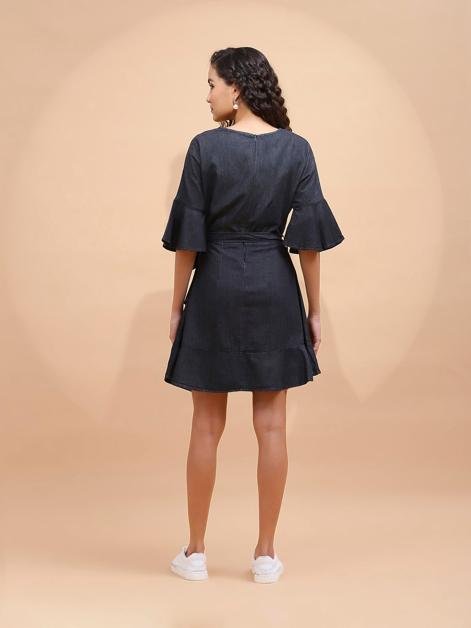 Women Charcoal Black Cotton Blend Flared Wrap Dress