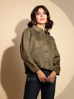 Olive Green Solid Full Sleeve Collared Neck Suede Shacket
