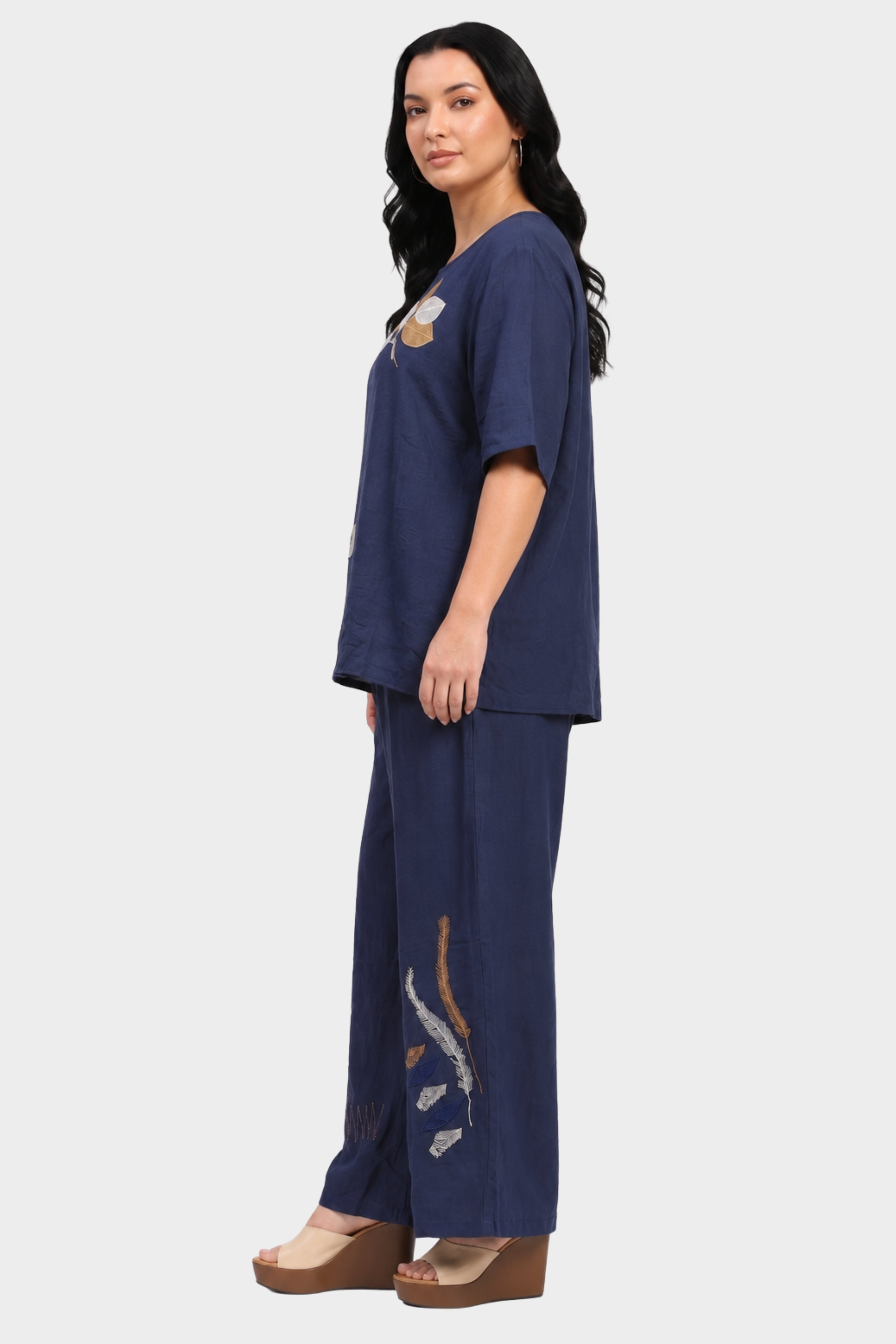 Navy Blue Leaf Embroidered Lounge Wear Set