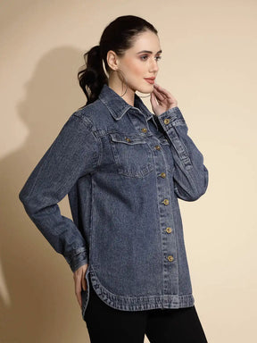 Blue Solid Full Sleeve Collared Neck Denim Shacket