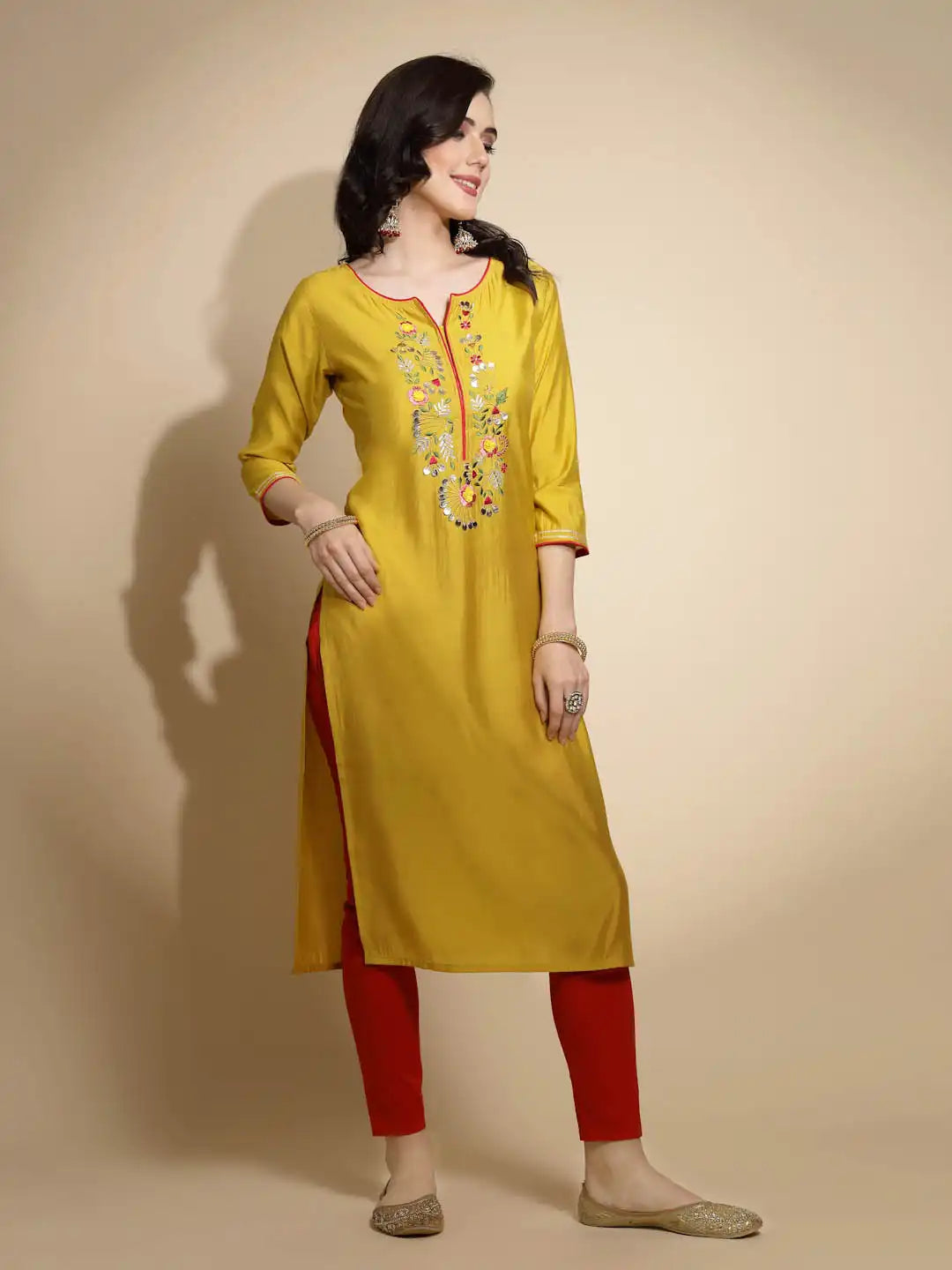 Mustard Embroidered Three Quarter Sleeves Round With V-Neck Cotton Blend Kurta