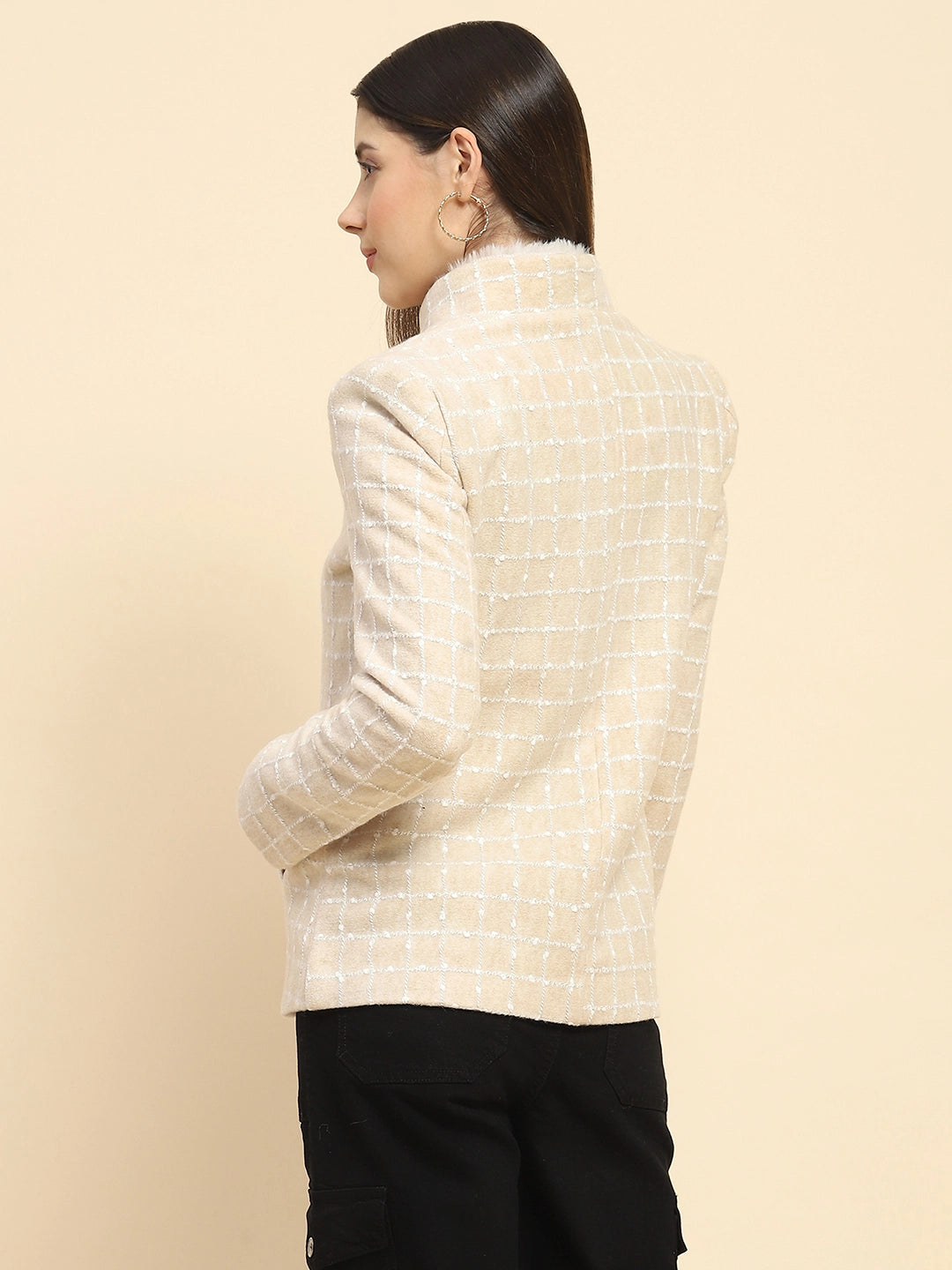 Beige  Acrylic Check Winter Coat - Global Republic