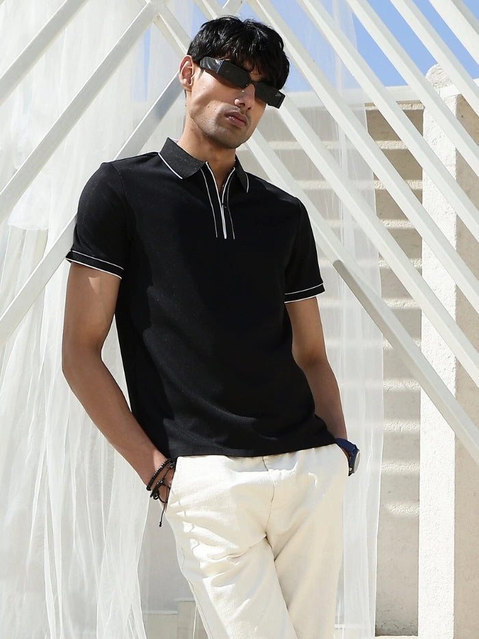 Black Solid Nylon Blend T-Shirt