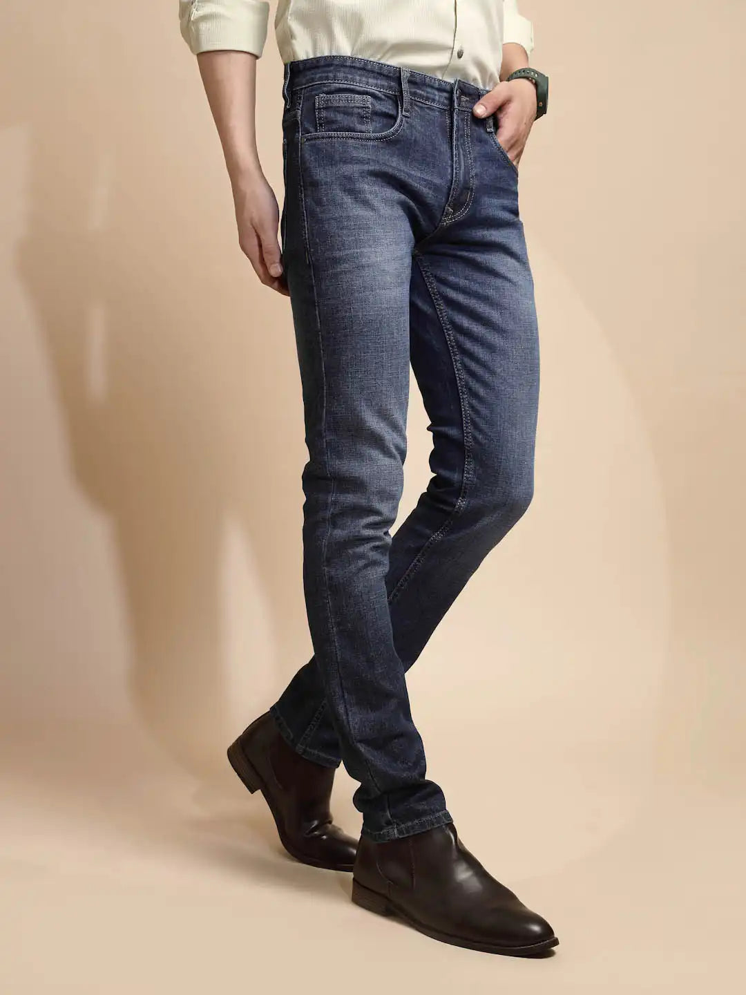 Medium Blue Solid Cotton Blend Jeans - Global Republic
