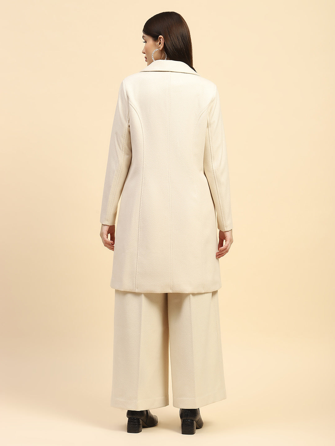 Cream Viscose Coat With Trouser Winter Set - Global Republic