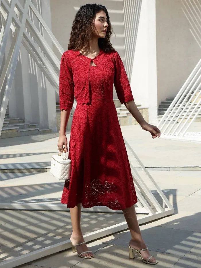 Crimson Floral Lace Fit & Flare Dress